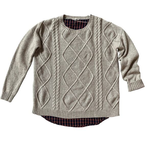 Mystree Anthropologie Textured Cable Knit Beige Sweater | S, Angora Blend, Plaid - Picture 1 of 7
